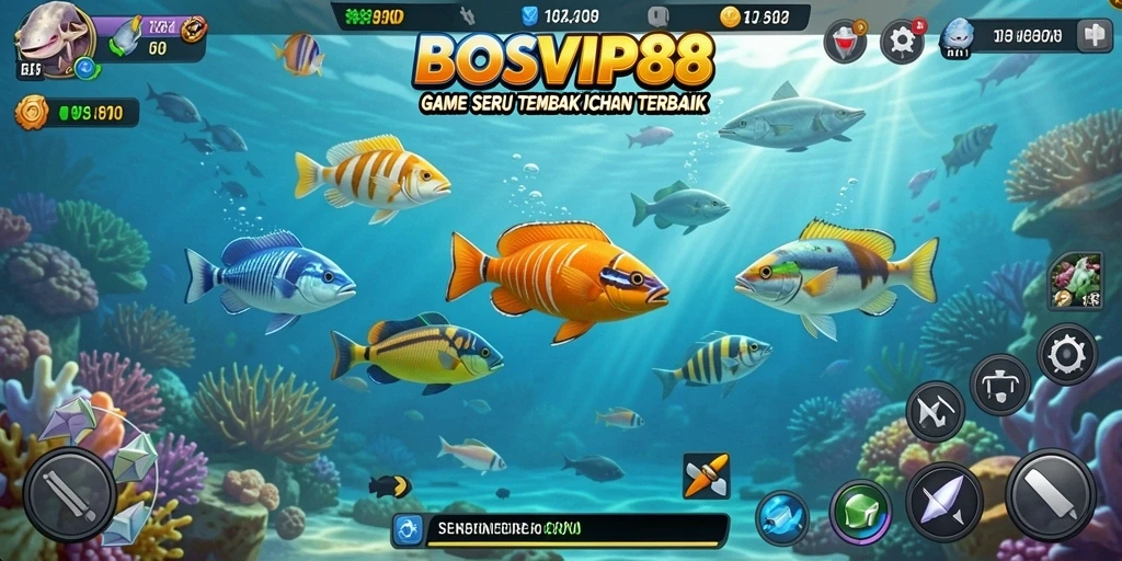 Tampilan gameplay yang mengasyikkan di BOSVIP88 dengan berbagai ikan untuk ditembak.