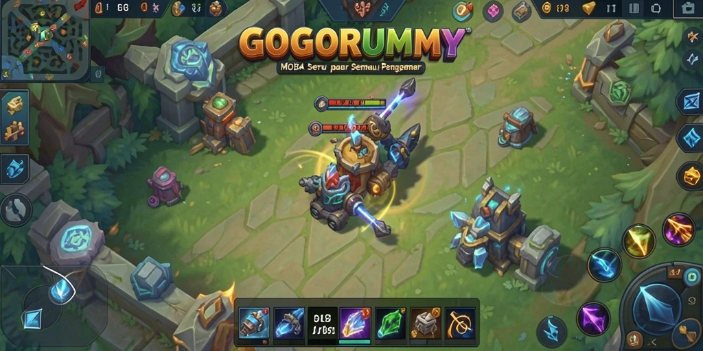 Tangkapan layar dari gameplay GOGORUMMY dengan aksi MOBA seru.