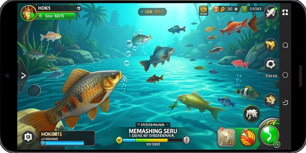 Screenshot gameplay HOKI8815 dengan aksi memancing seru dan lokasi indah.
