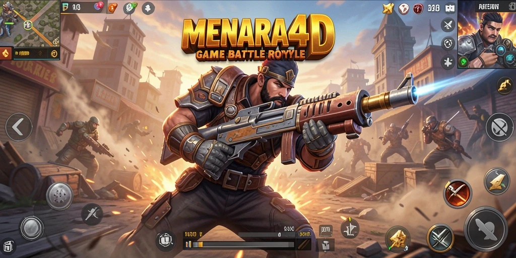 Screenshot utama menunjukkan aksi mendebarkan dalam game Battle Royale.