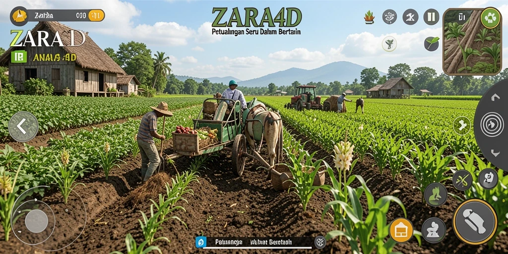 Tangkapan layar permainan ZARA4D menampilkan ladang hijau yang subur.